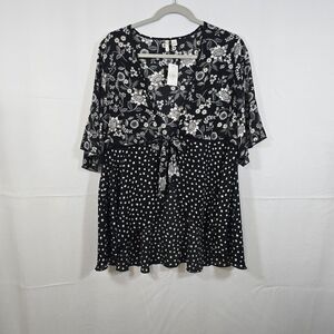 Cato Top Tie Front Kimono Large White Black Floral Short Sleeve Flowy V Neck